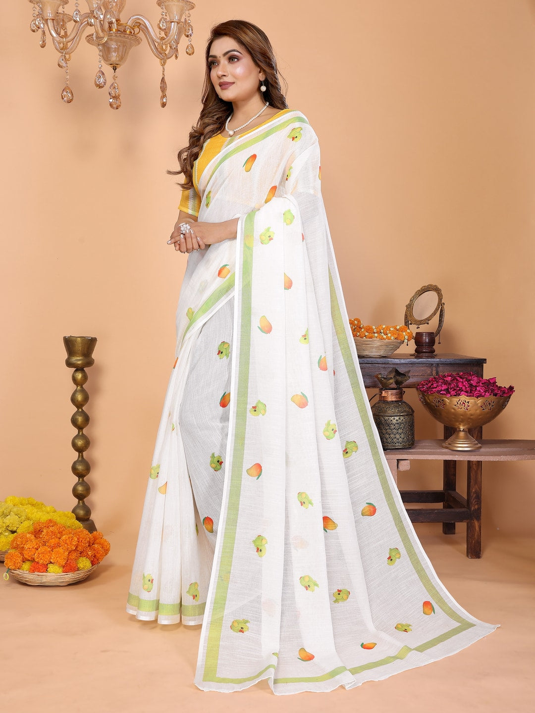 Peachmode Blue Soft Linen Cotton Printed Saree - Image 2