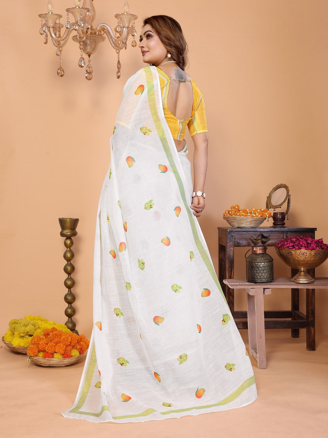 Peachmode Blue Soft Linen Cotton Printed Saree - Image 3