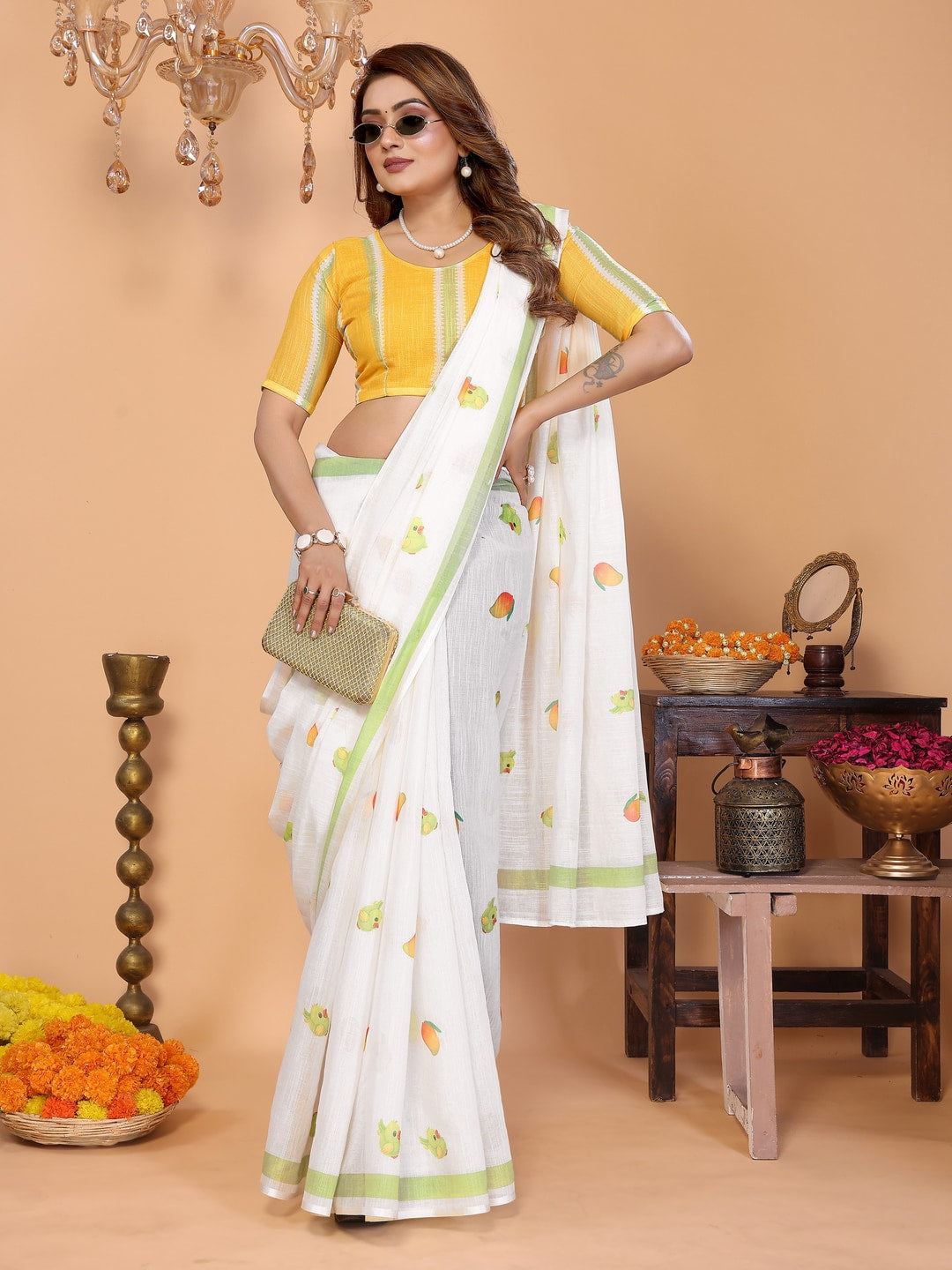 Peachmode Blue Soft Linen Cotton Printed Saree - Image 4