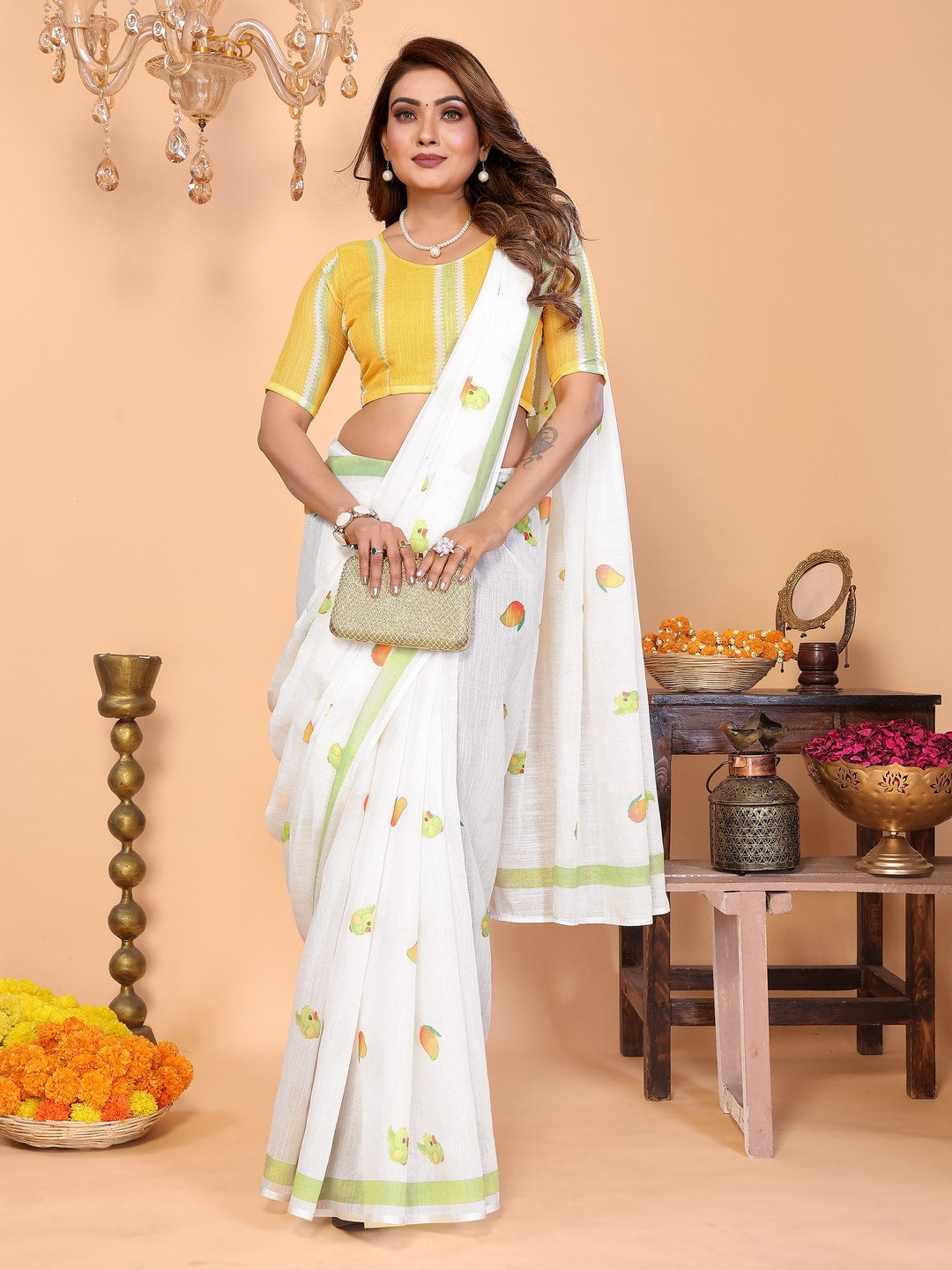 Peachmode Blue Soft Linen Cotton Printed Saree - Image 5