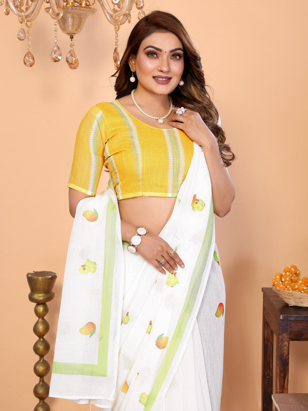 Peachmode Blue Soft Linen Cotton Printed Saree - Image 6
