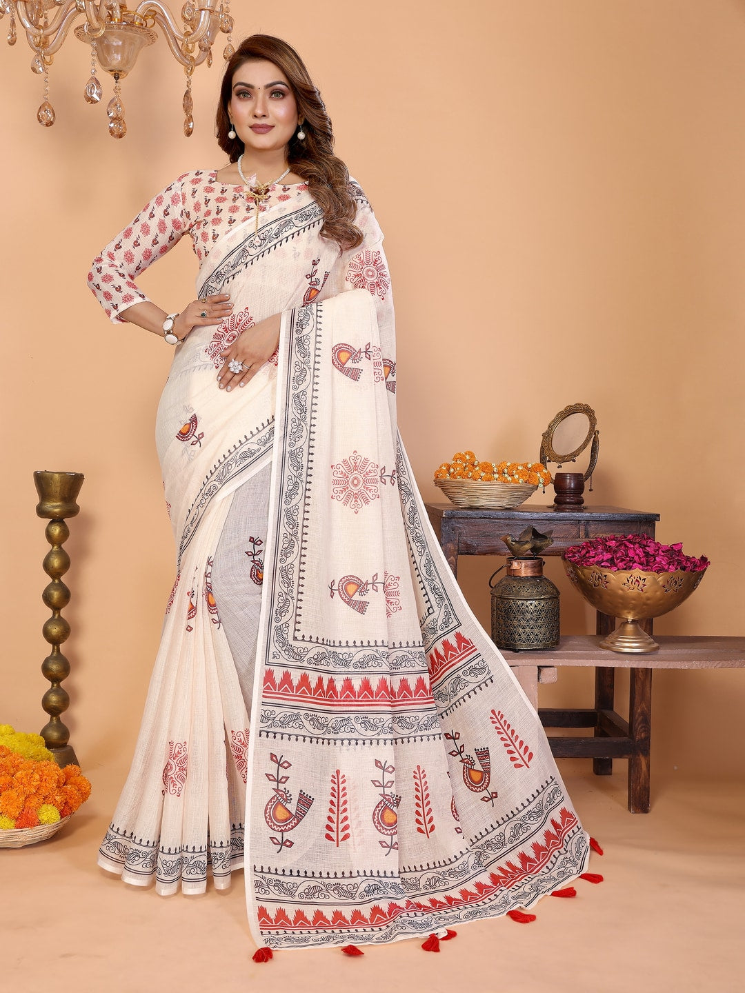 Peachmode Purple Soft Linen Cotton Printed Saree - Image 1