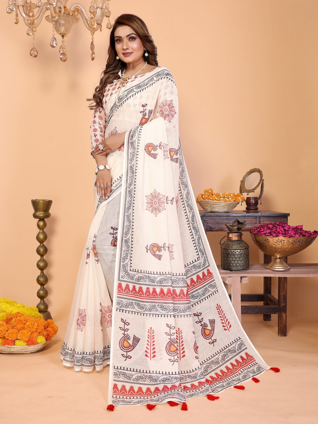 Peachmode Purple Soft Linen Cotton Printed Saree - Image 2