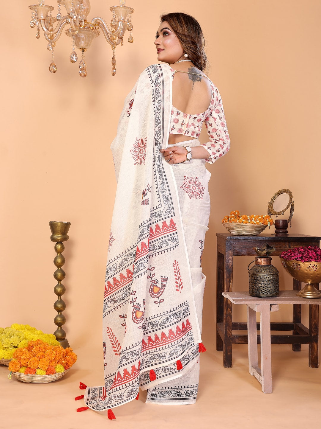 Peachmode Purple Soft Linen Cotton Printed Saree - Image 3