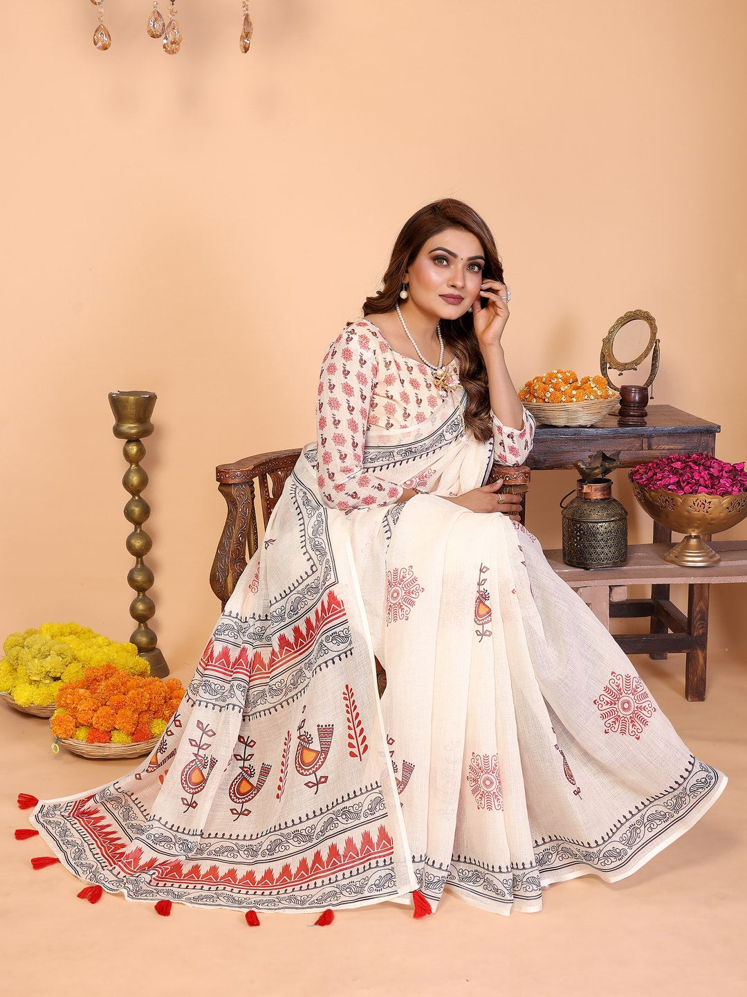 Peachmode Purple Soft Linen Cotton Printed Saree - Image 4