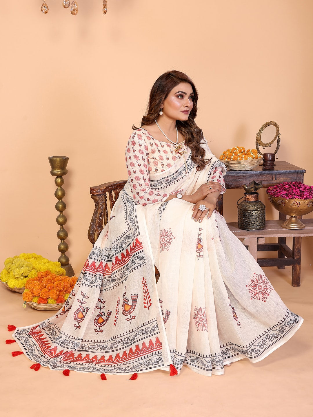 Peachmode Purple Soft Linen Cotton Printed Saree - Image 5