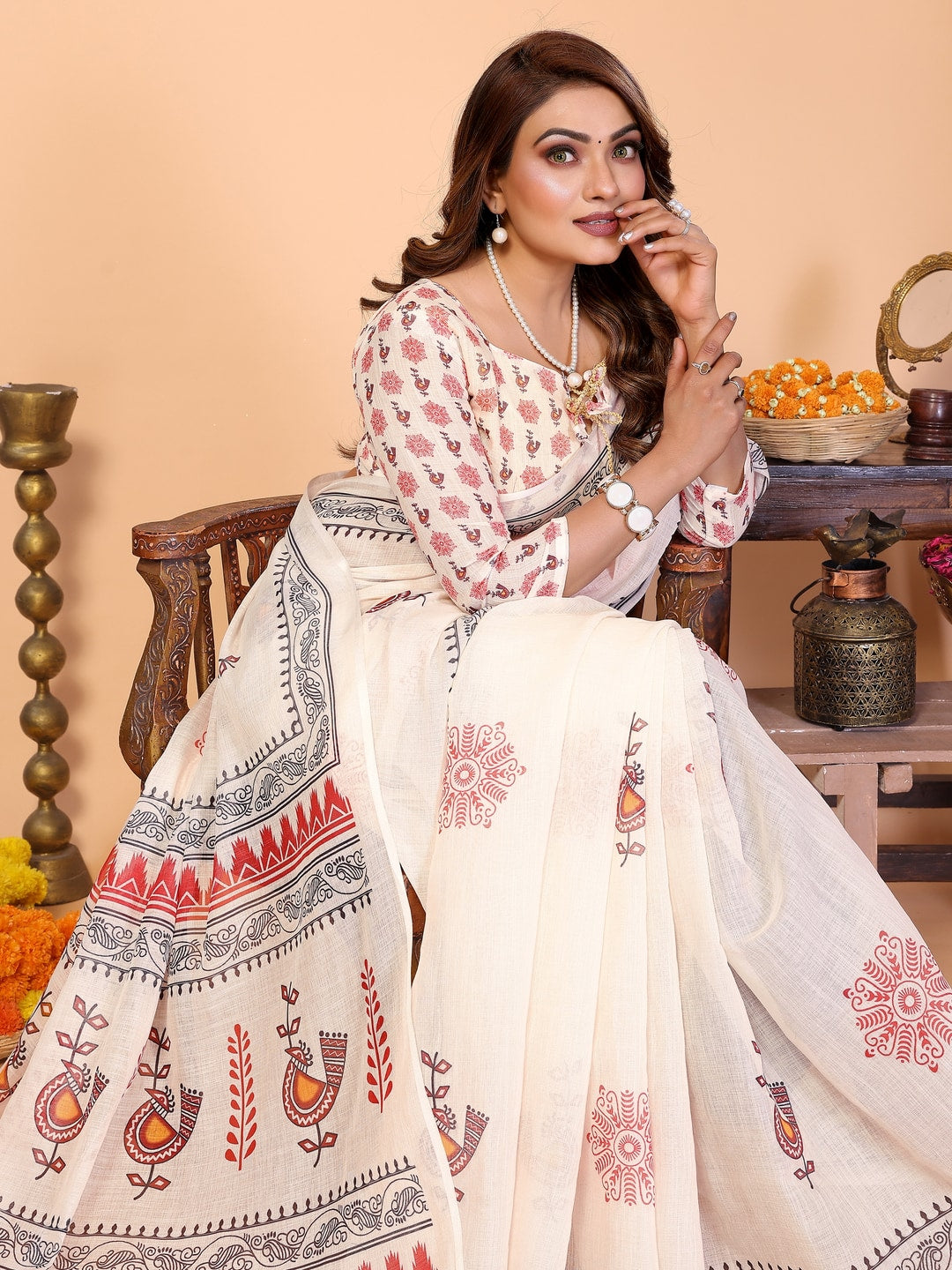 Peachmode Purple Soft Linen Cotton Printed Saree - Image 6