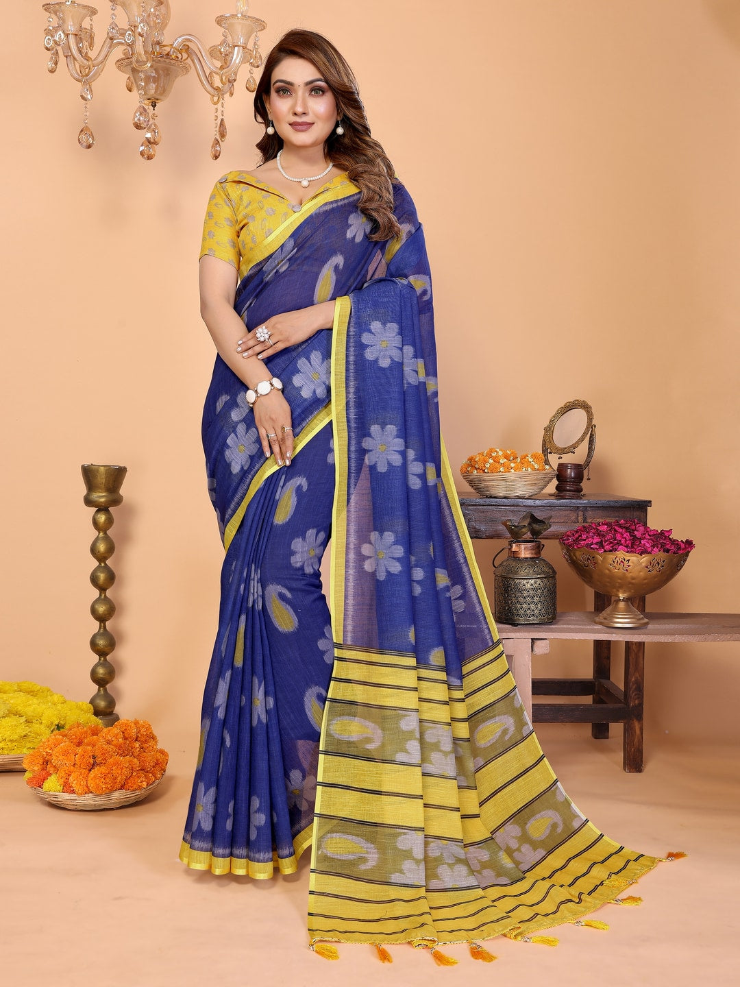 Peachmode Green Soft Linen Cotton Printed Saree - Image 1