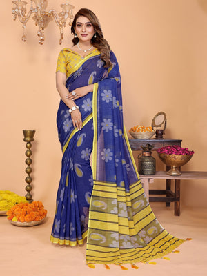 Peachmode Green Soft Linen Cotton Printed Saree - Image 1