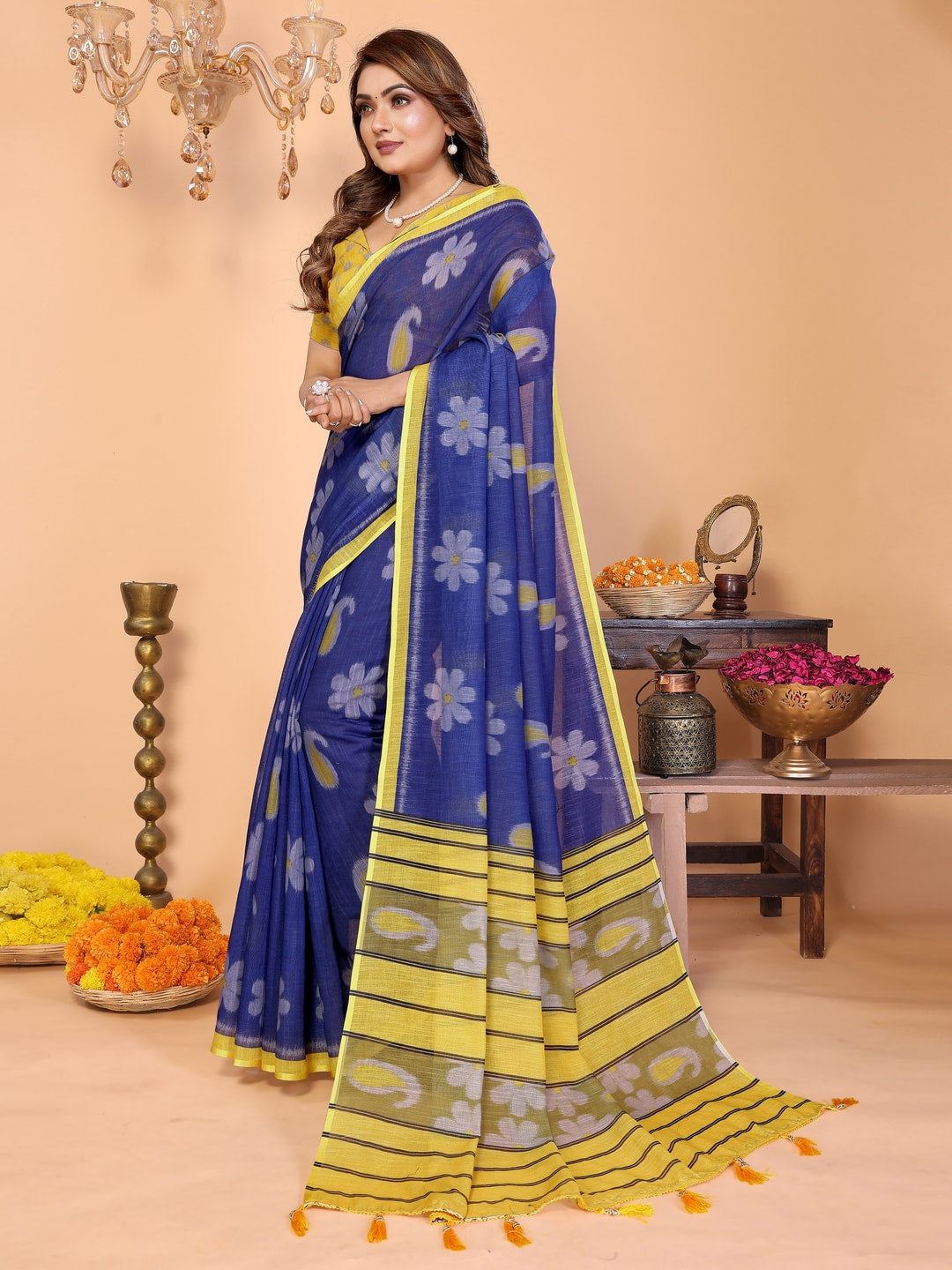 Peachmode Green Soft Linen Cotton Printed Saree - Image 2