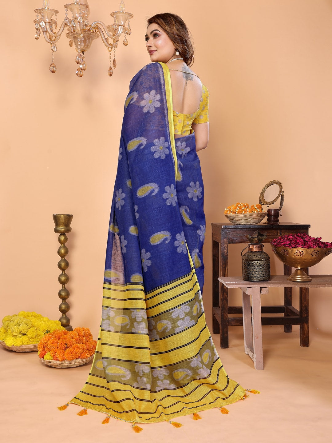 Peachmode Green Soft Linen Cotton Printed Saree - Image 3