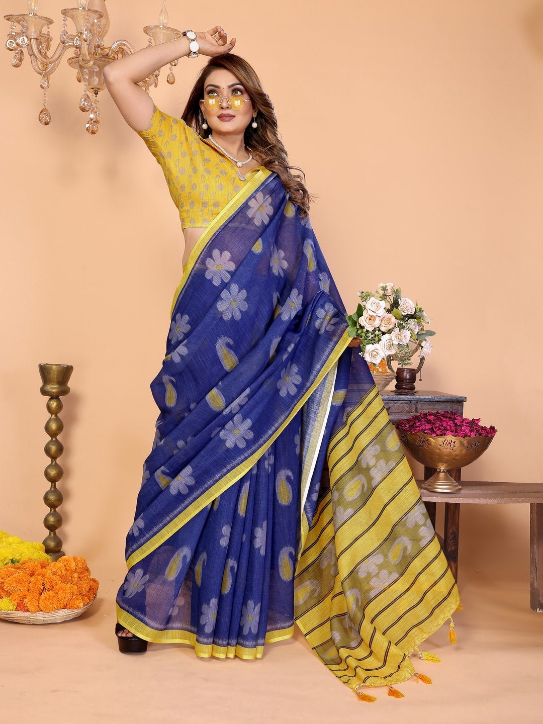 Peachmode Green Soft Linen Cotton Printed Saree - Image 4