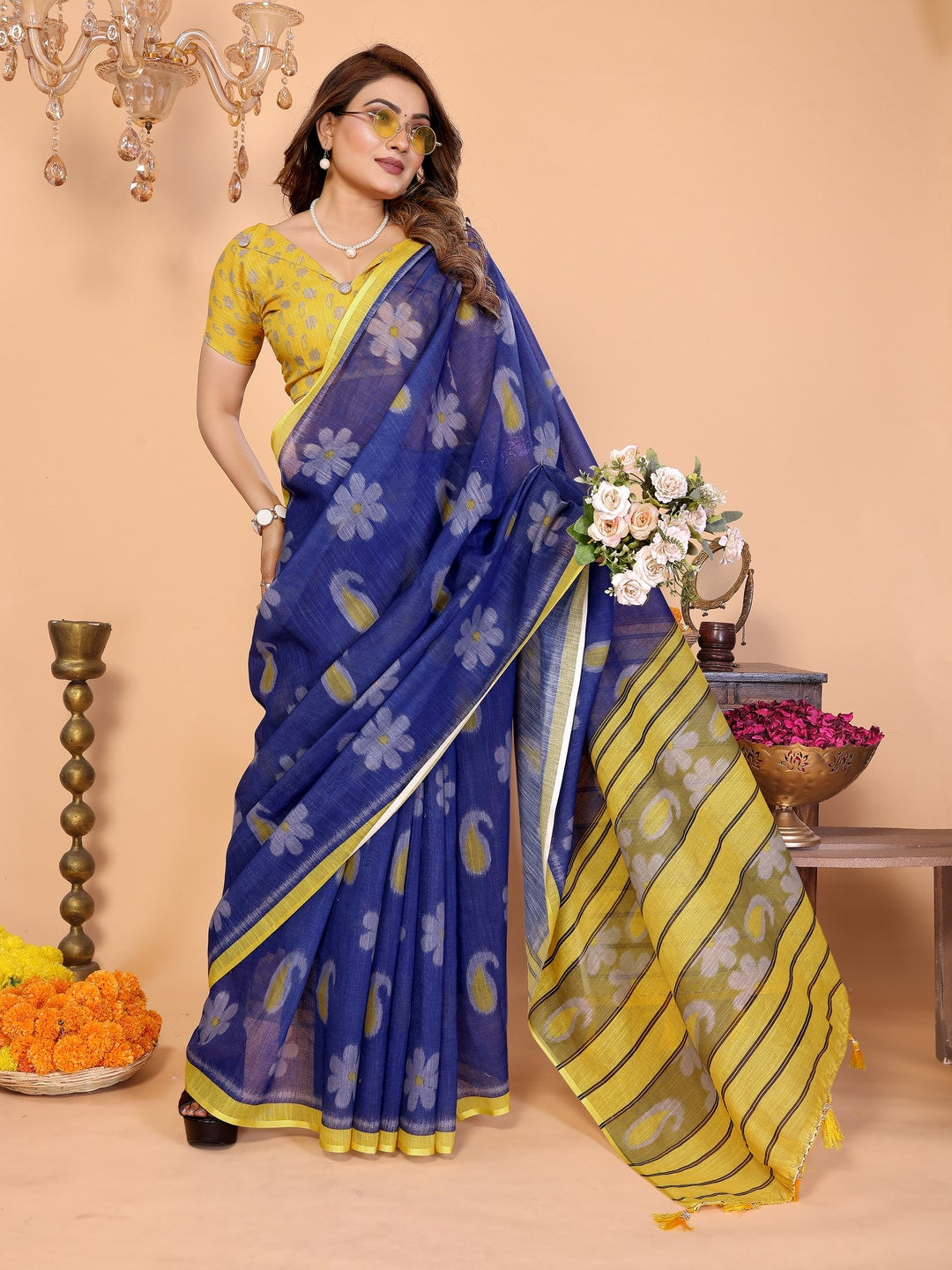 Peachmode Green Soft Linen Cotton Printed Saree - Image 5