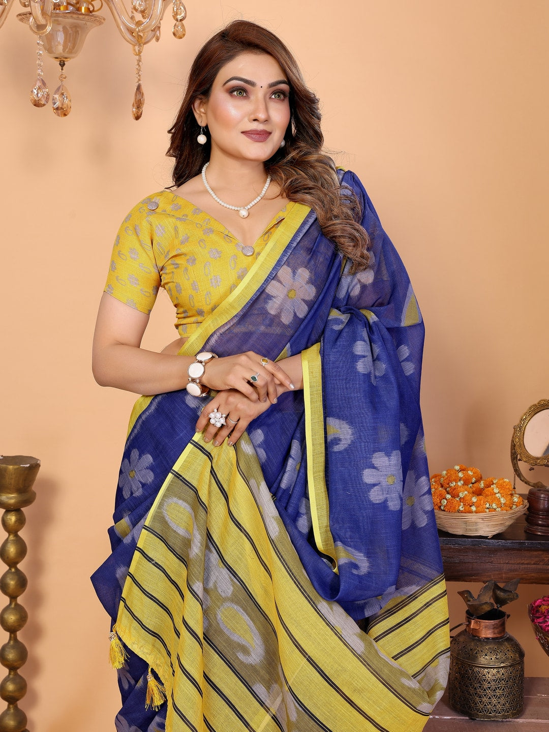 Peachmode Green Soft Linen Cotton Printed Saree - Image 6