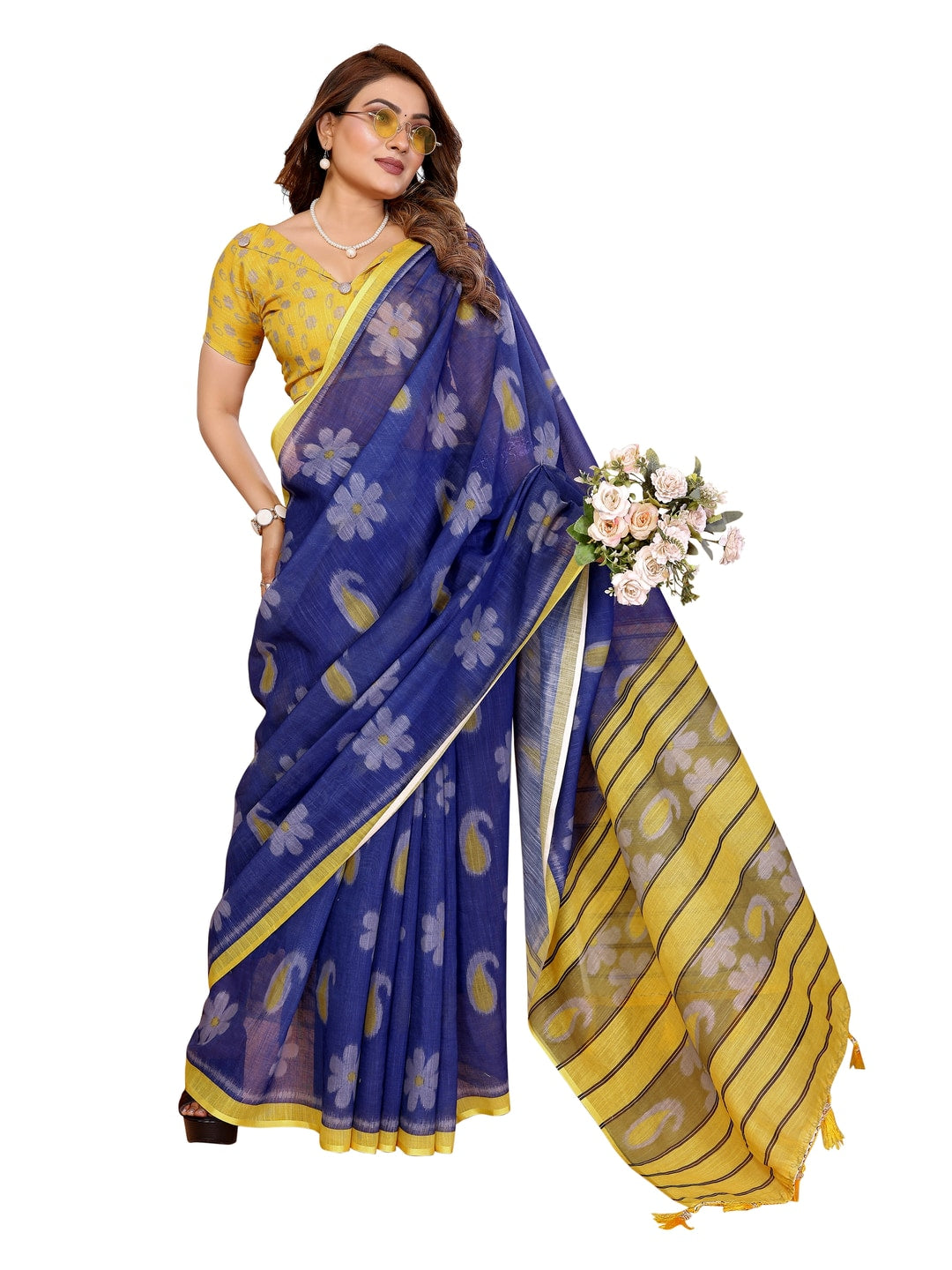 Peachmode Green Soft Linen Cotton Printed Saree - Image 13