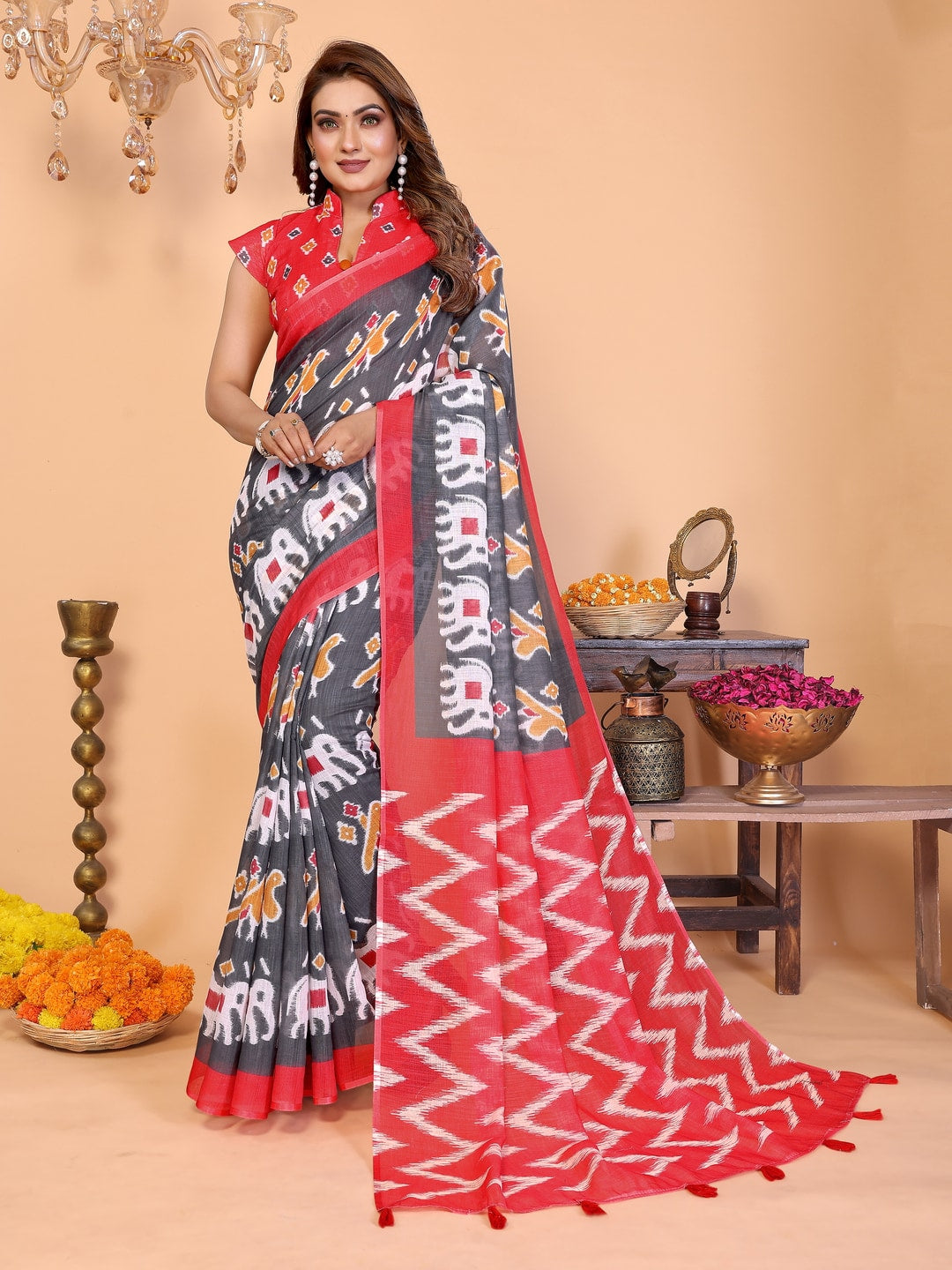 Peachmode Pink Soft Linen Cotton Printed Saree - Image 1