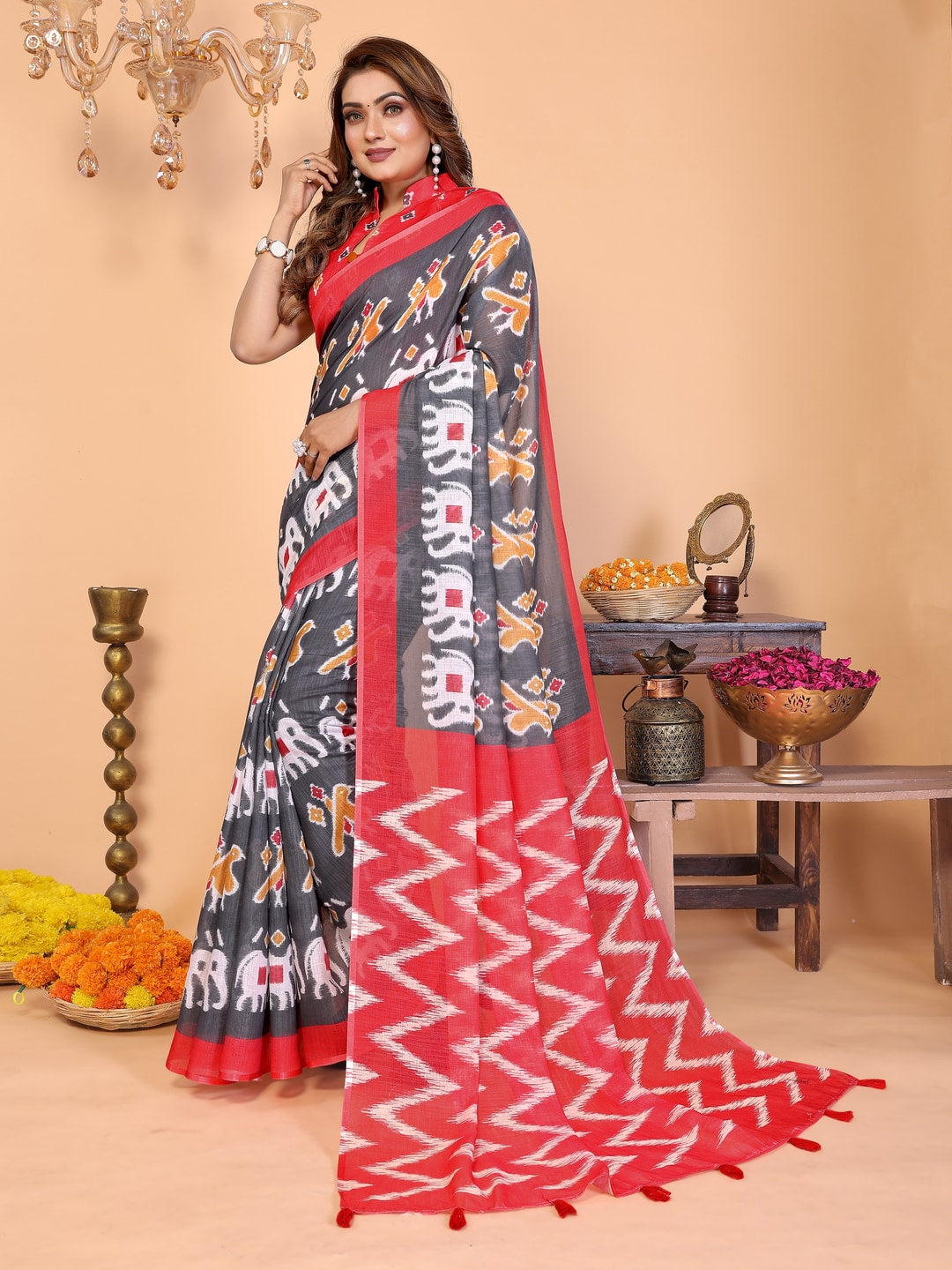 Peachmode Pink Soft Linen Cotton Printed Saree - Image 2