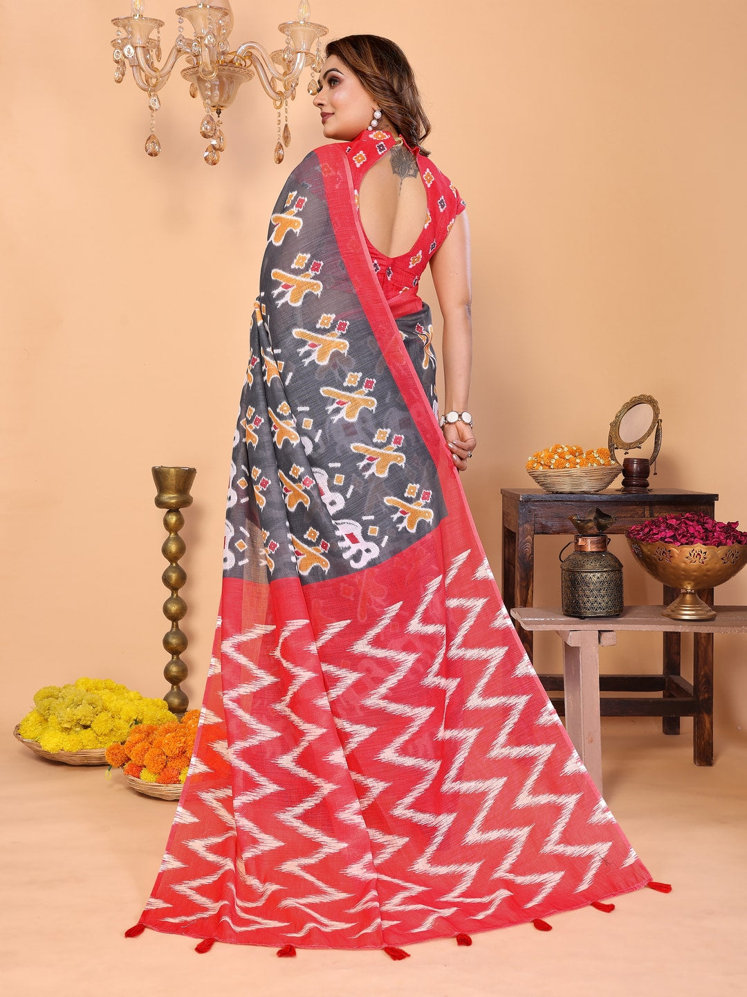 Peachmode Pink Soft Linen Cotton Printed Saree - Image 3