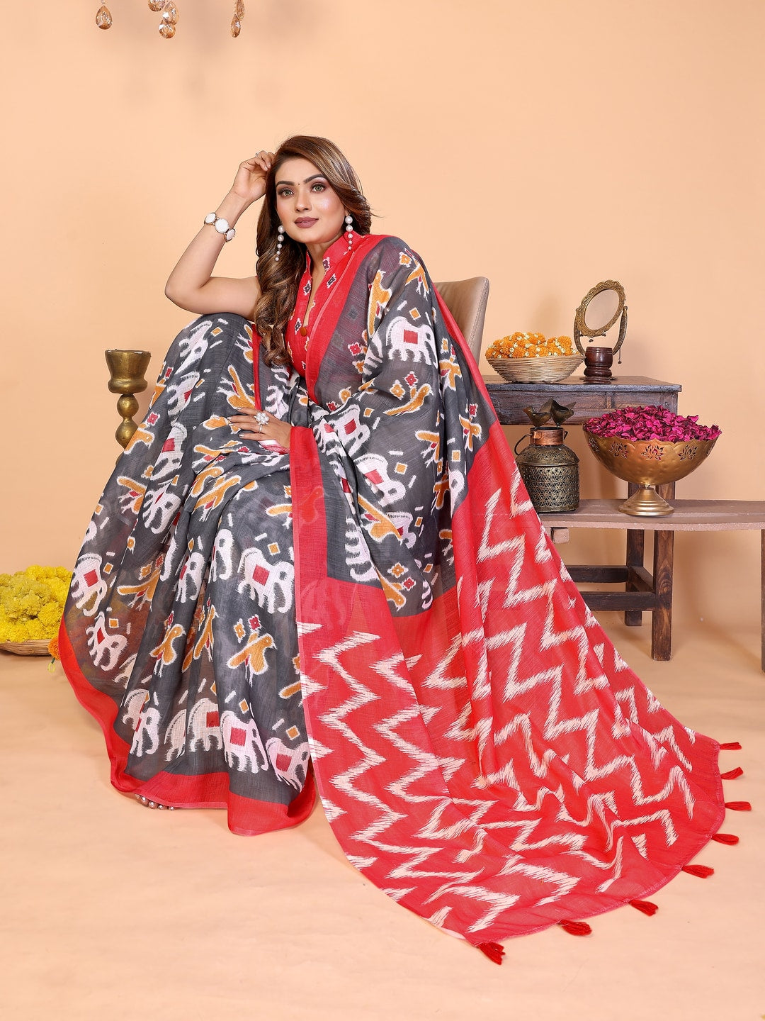 Peachmode Pink Soft Linen Cotton Printed Saree - Image 4