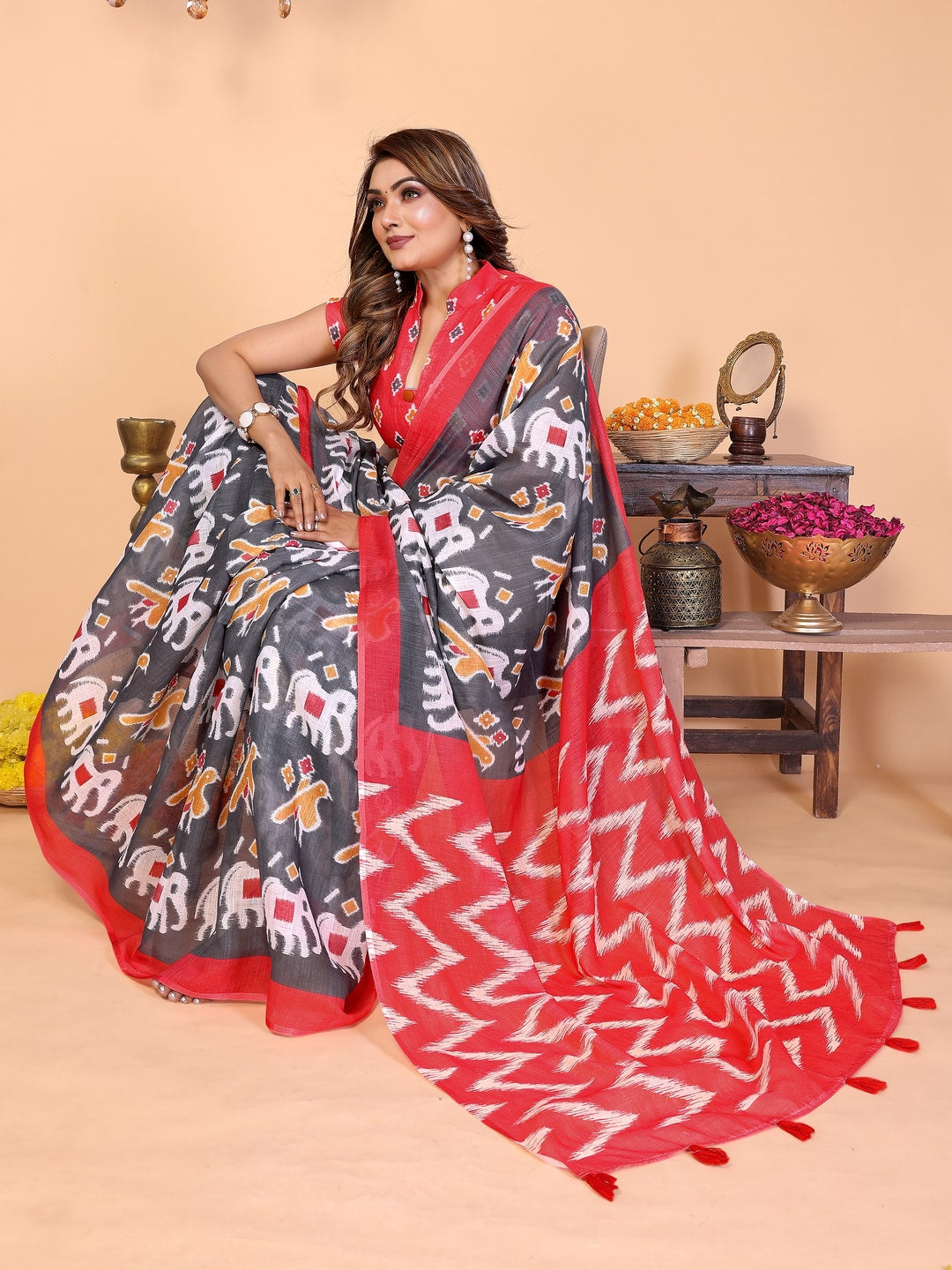 Peachmode Pink Soft Linen Cotton Printed Saree - Image 5