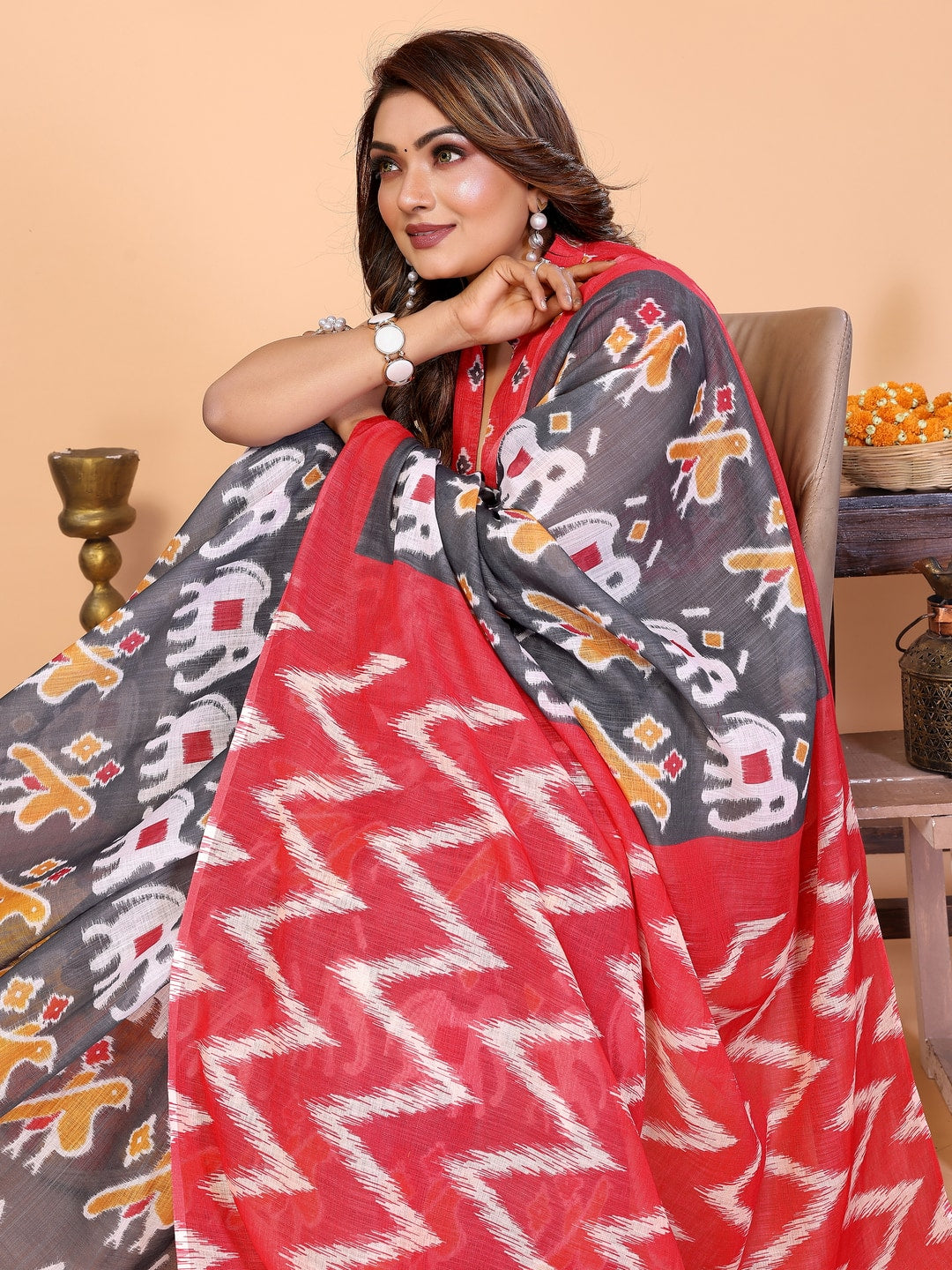Peachmode Pink Soft Linen Cotton Printed Saree - Image 6