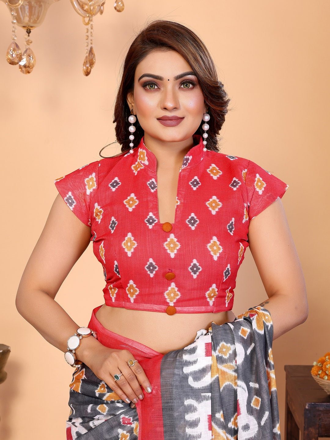 Peachmode Pink Soft Linen Cotton Printed Saree - Image 7