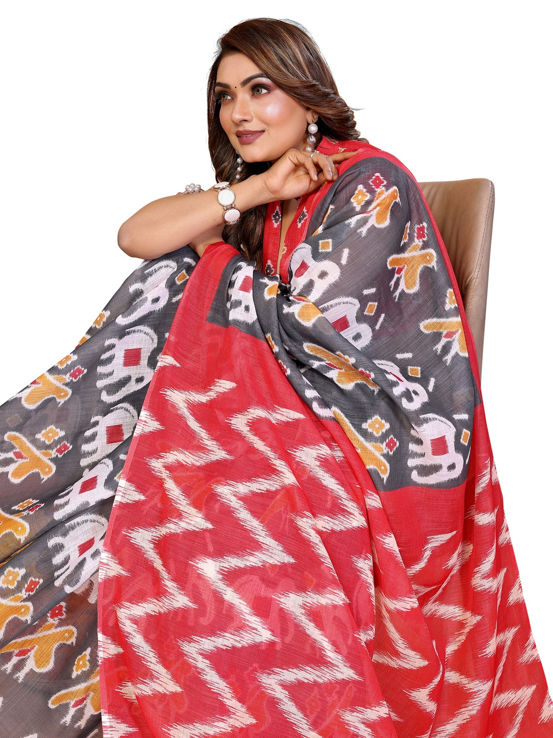 Peachmode Pink Soft Linen Cotton Printed Saree - Image 9