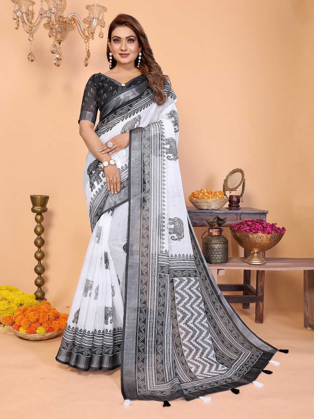 Peachmode Black Soft Linen Cotton Printed Saree - Image 1