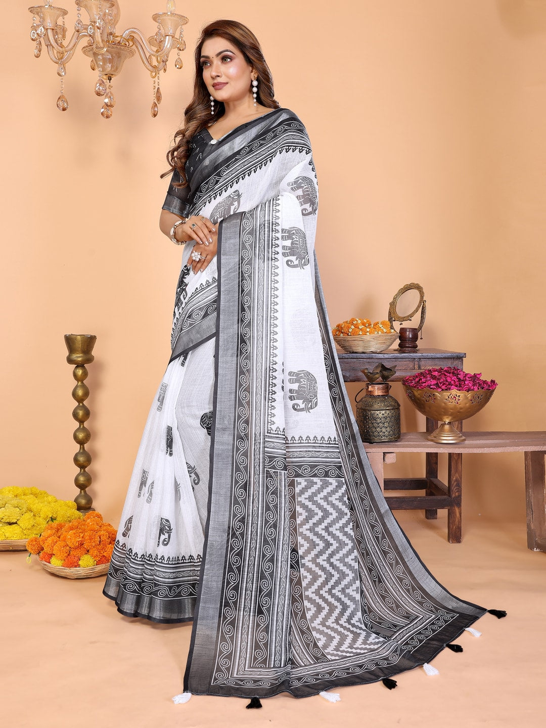 Peachmode Black Soft Linen Cotton Printed Saree - Image 2