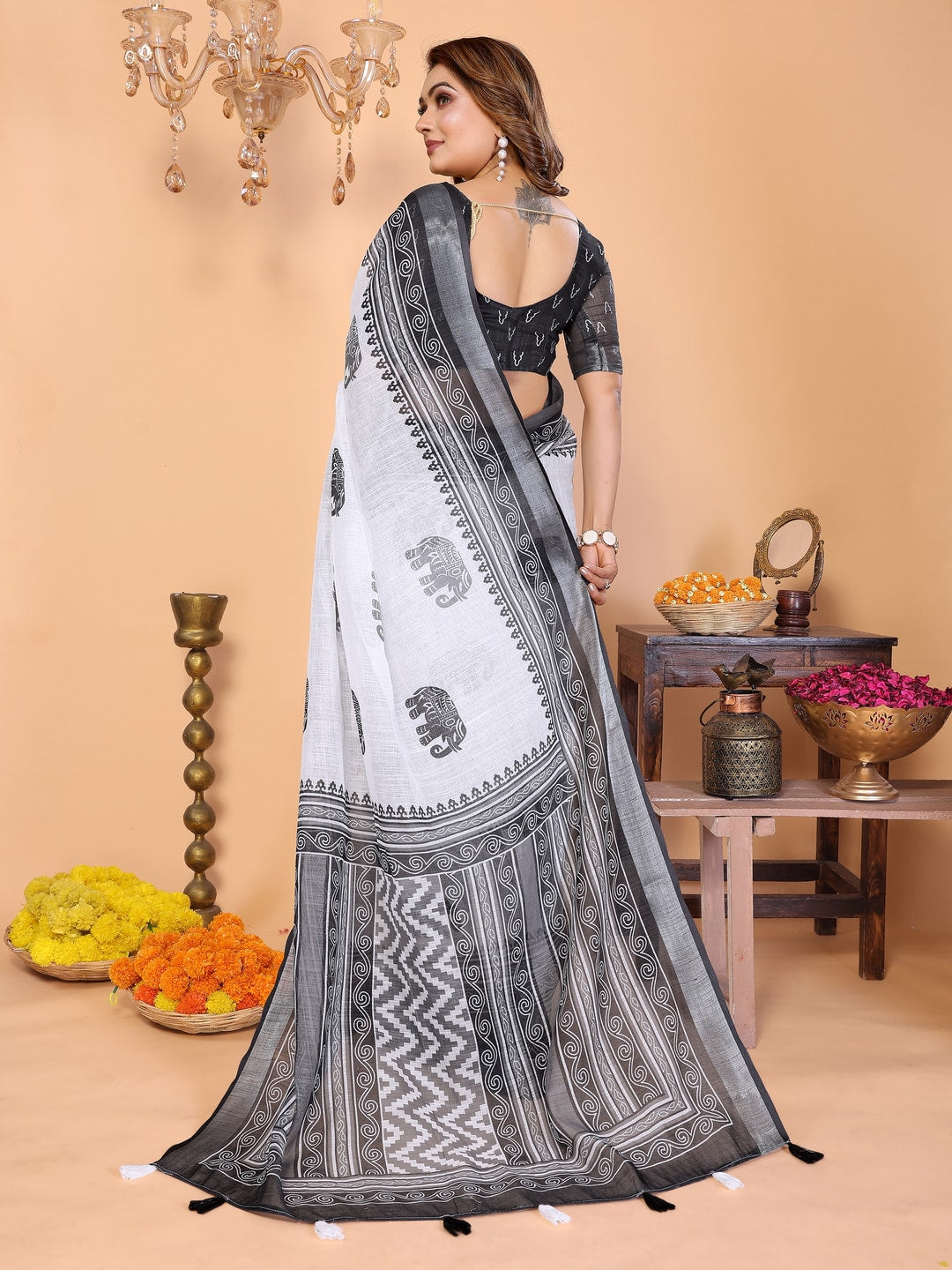 Peachmode Black Soft Linen Cotton Printed Saree - Image 3