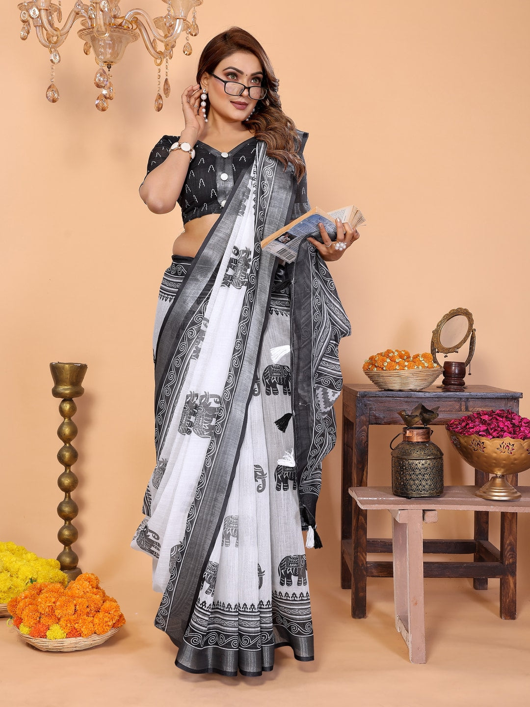 Peachmode Black Soft Linen Cotton Printed Saree - Image 4