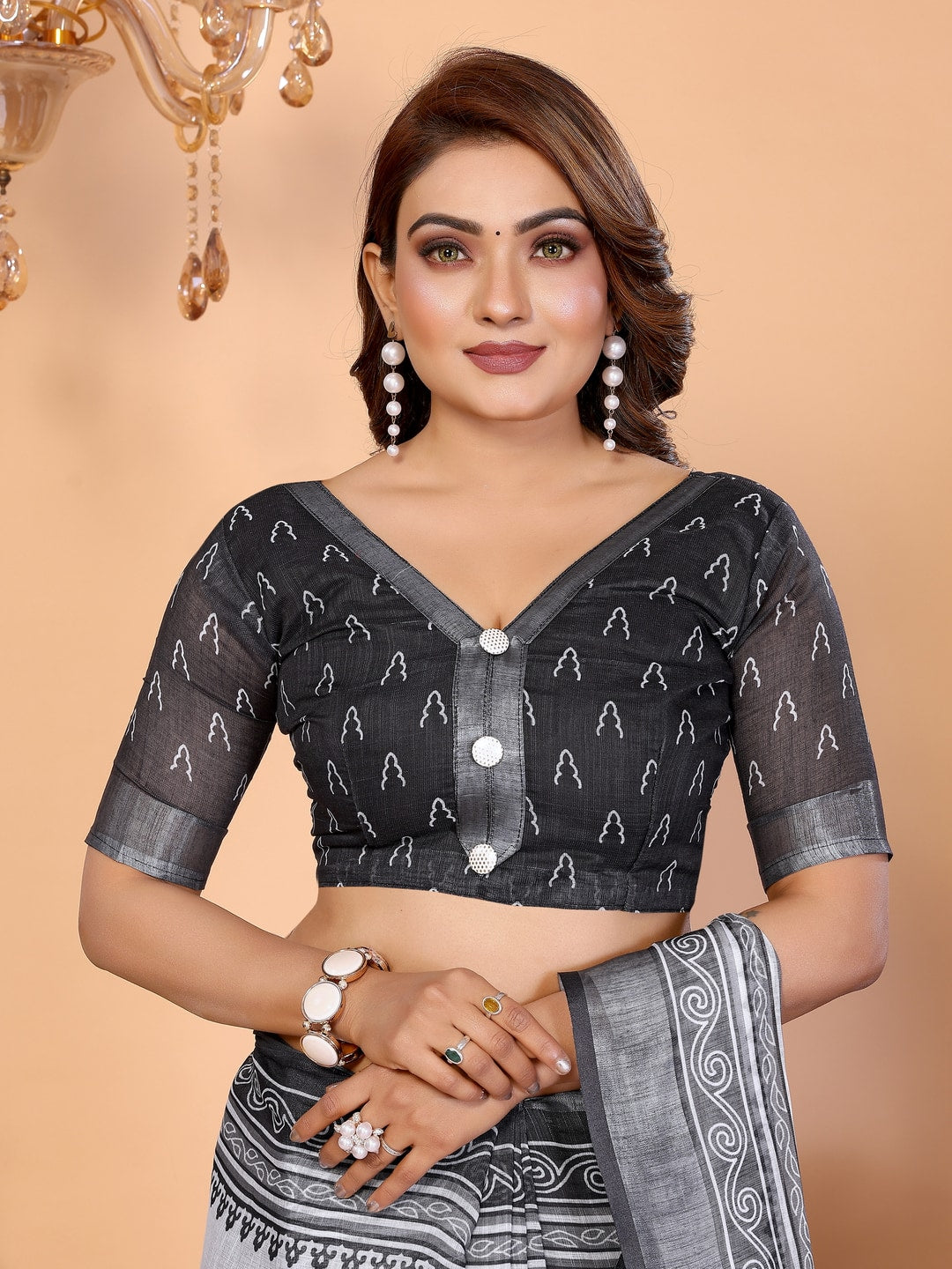 Peachmode Black Soft Linen Cotton Printed Saree - Image 7