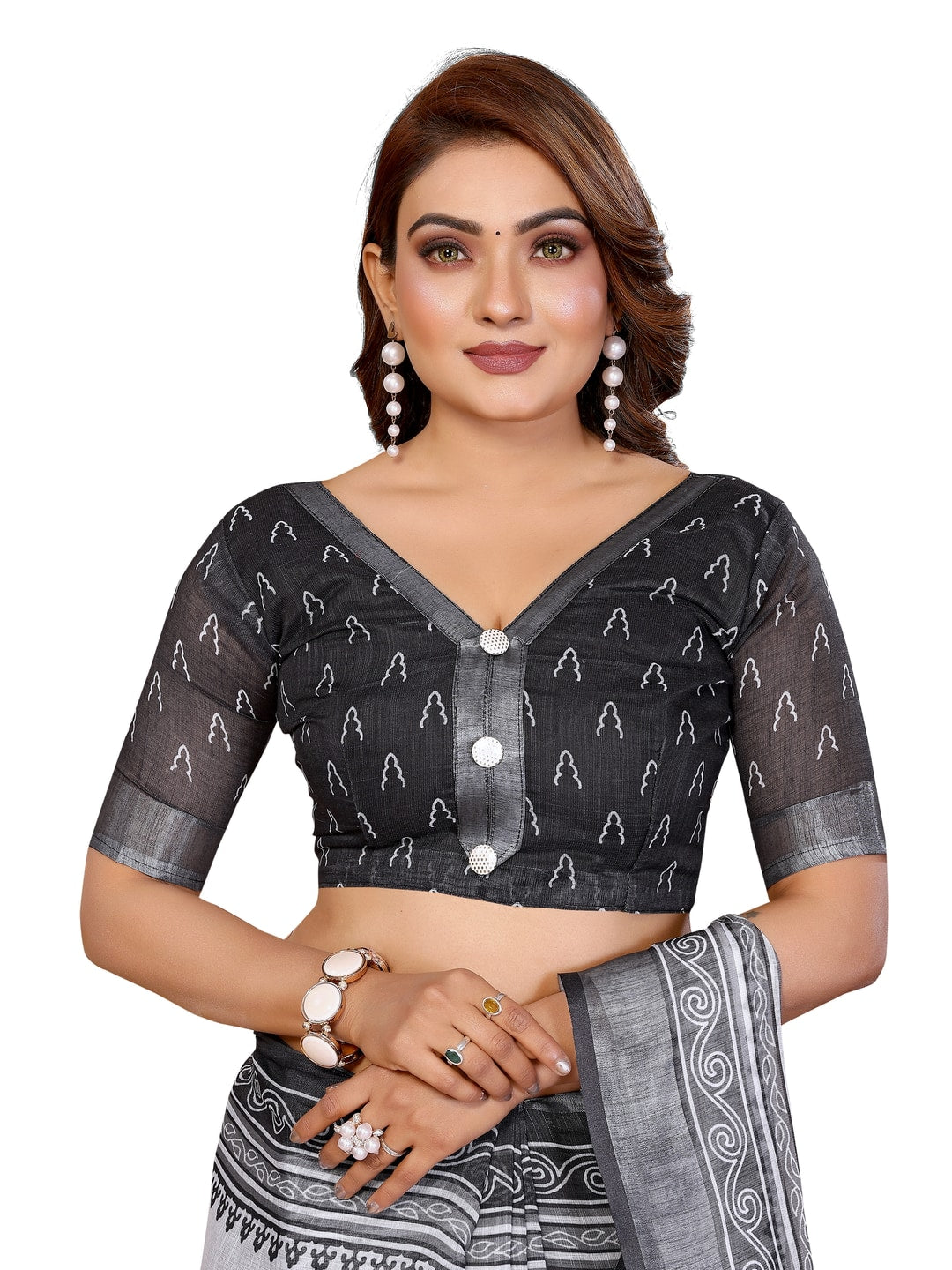 Peachmode Black Soft Linen Cotton Printed Saree - Image 10