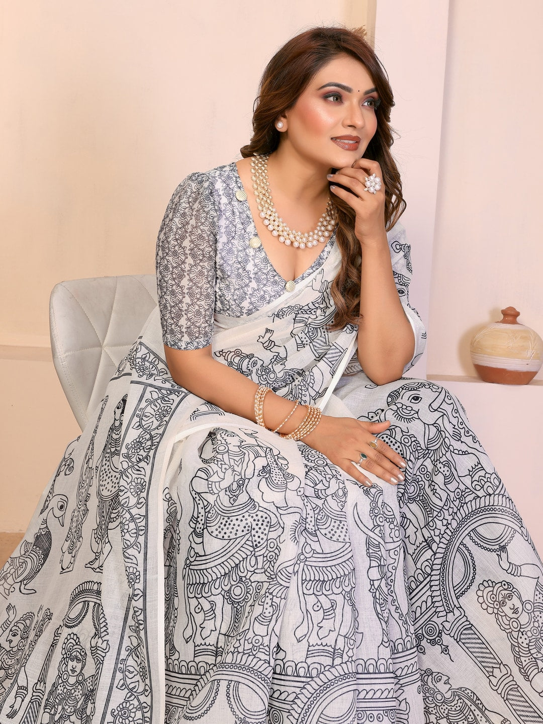 Peachmode Mustard Soft Linen Cotton Printed Saree - Image 5