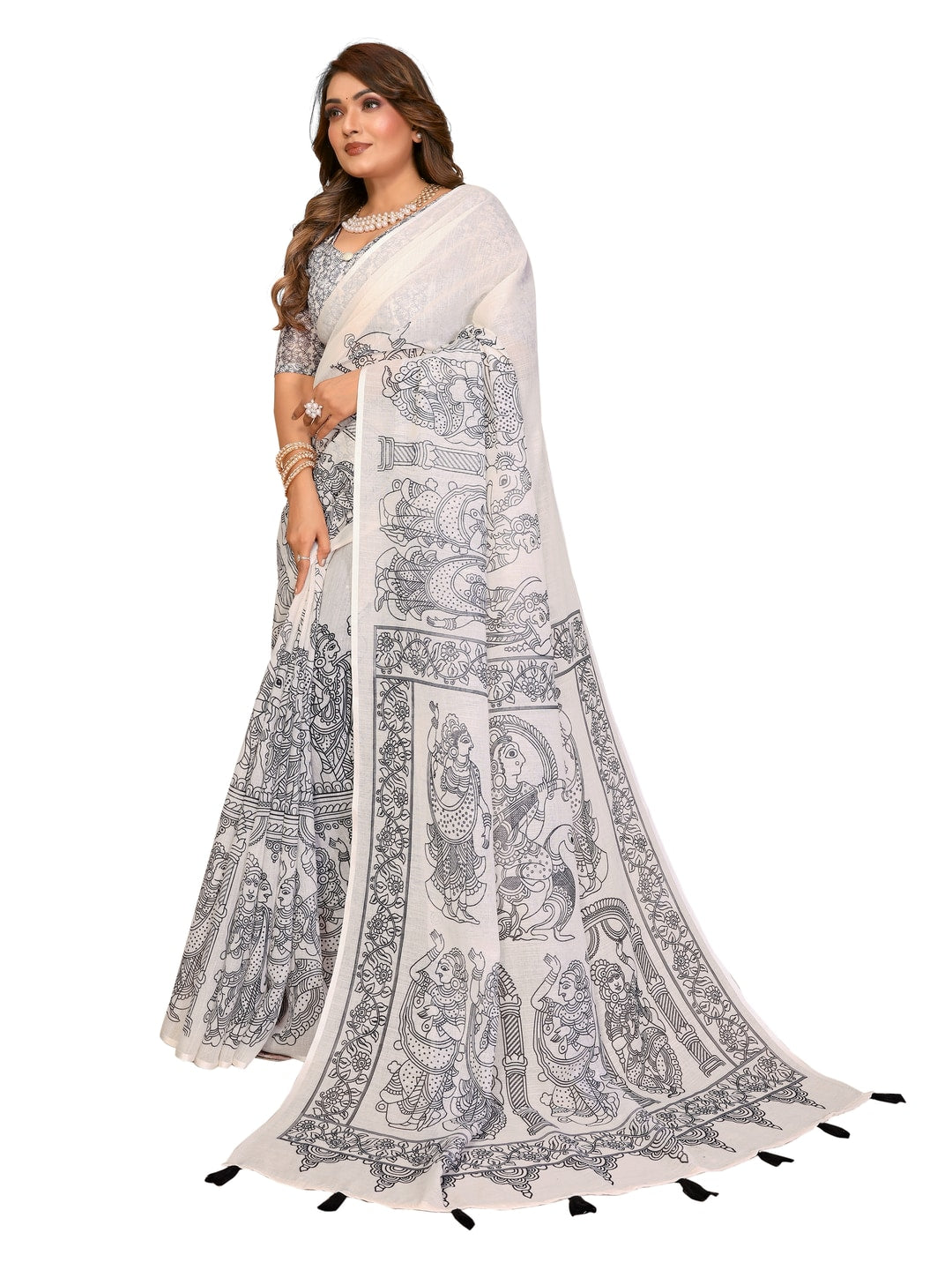 Peachmode Mustard Soft Linen Cotton Printed Saree - Image 9