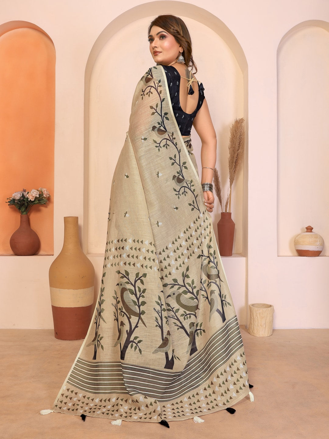 Peachmode Wine Soft Linen Cotton Printed Saree - Image 3