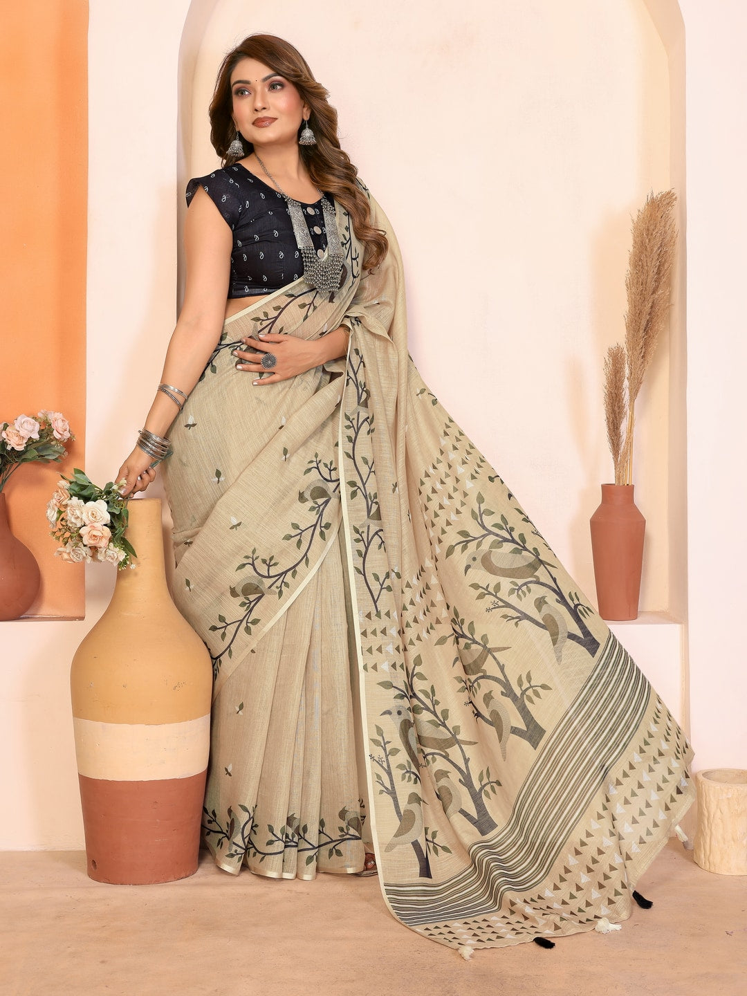 Peachmode Wine Soft Linen Cotton Printed Saree - Image 4