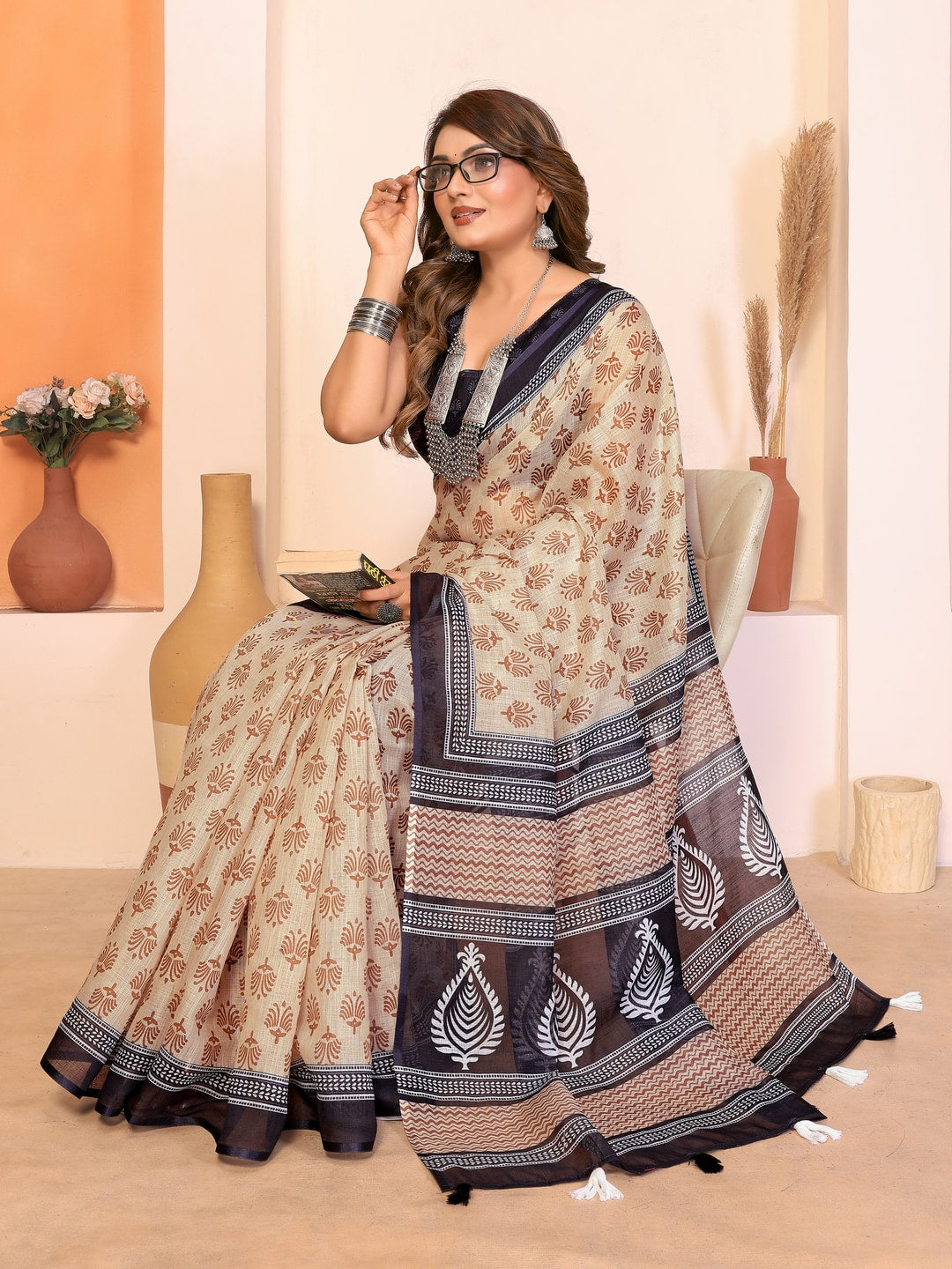 Peachmode Blue Soft Linen Cotton Printed Saree - Image 1