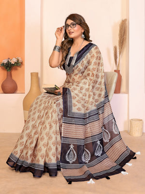 Peachmode Blue Soft Linen Cotton Printed Saree - Image 1
