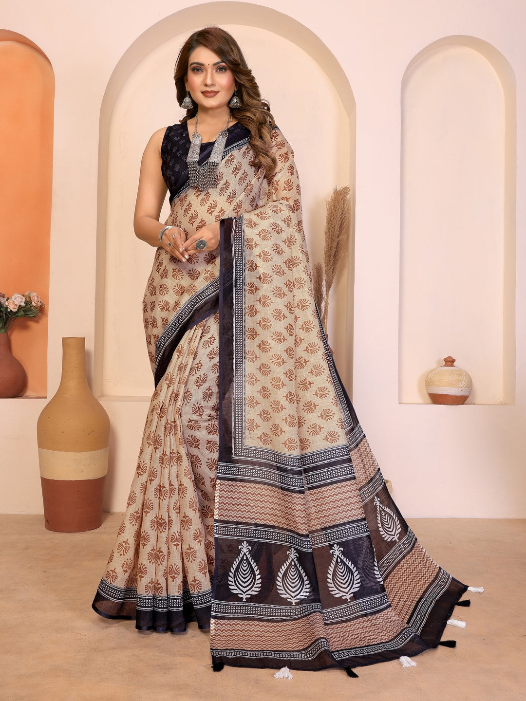 Peachmode Blue Soft Linen Cotton Printed Saree - Image 4