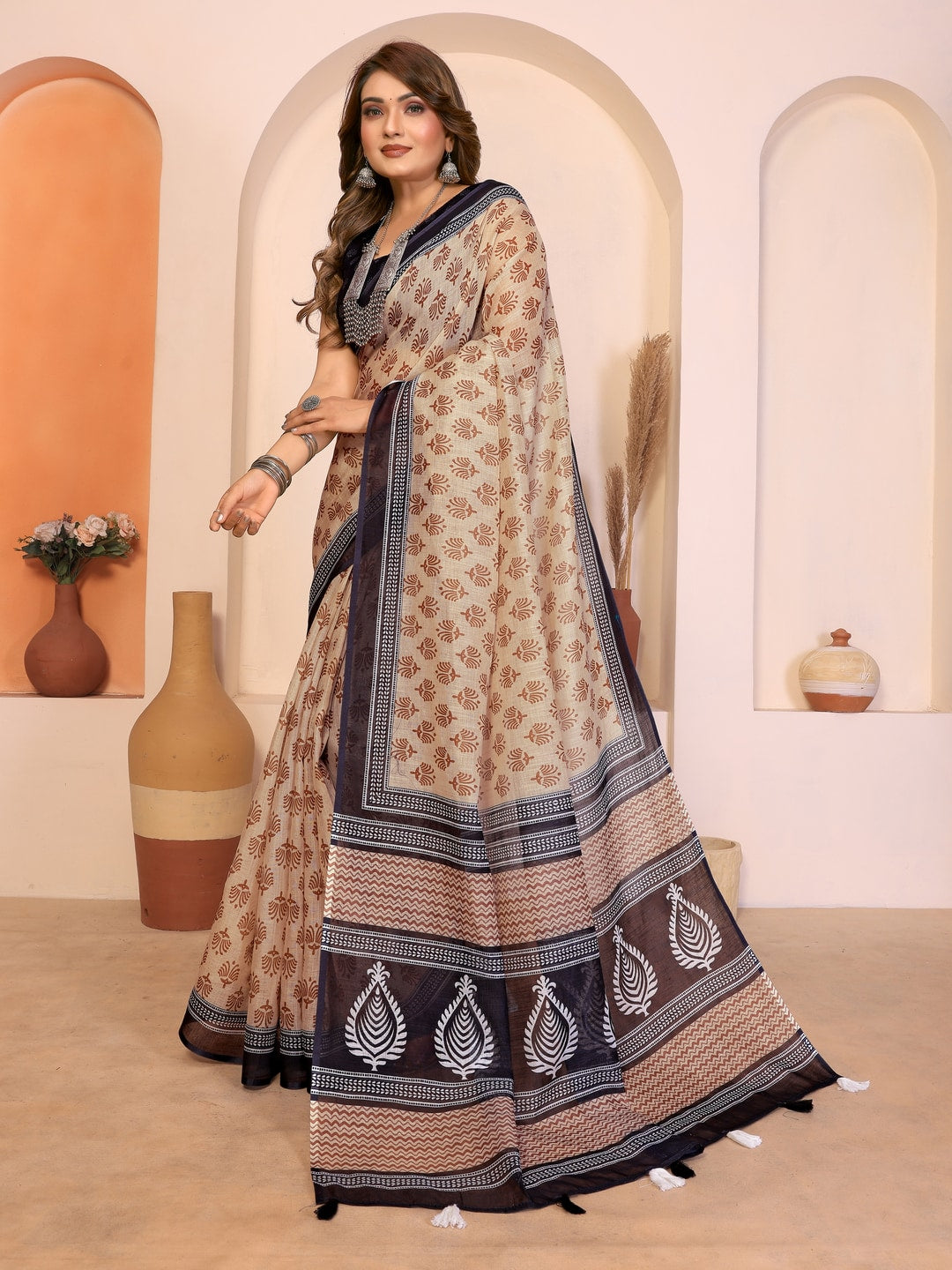 Peachmode Blue Soft Linen Cotton Printed Saree - Image 5