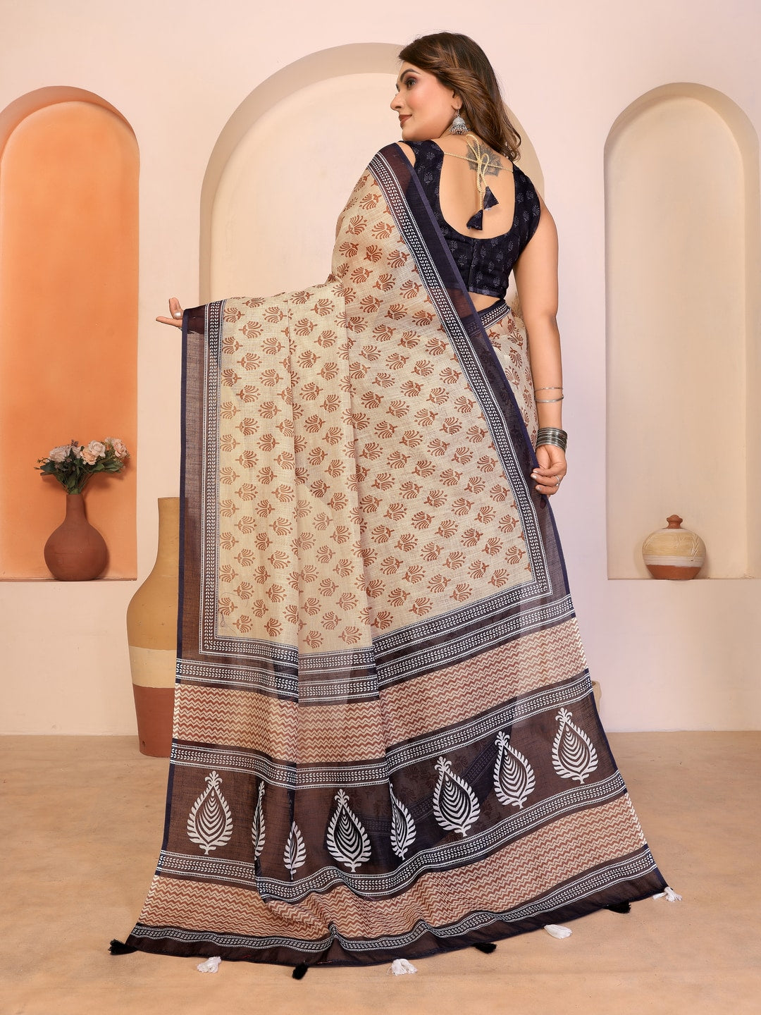 Peachmode Blue Soft Linen Cotton Printed Saree - Image 6