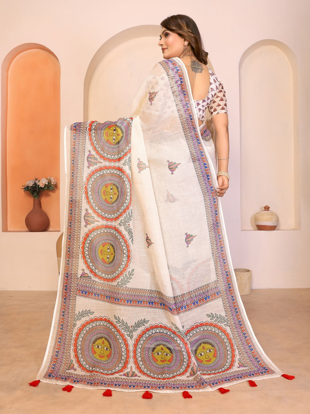 Peachmode Green Soft Linen Cotton Printed Saree - Image 3