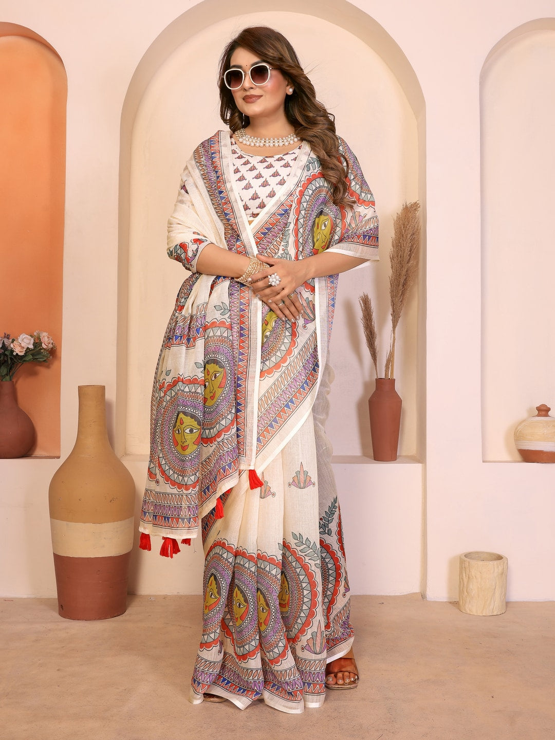 Peachmode Green Soft Linen Cotton Printed Saree - Image 4