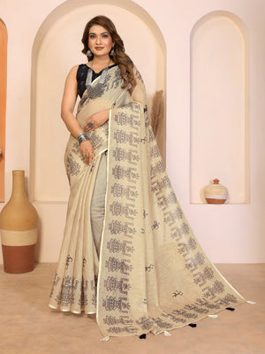 Peachmode Pink Soft Linen Cotton Printed Saree - Image 1