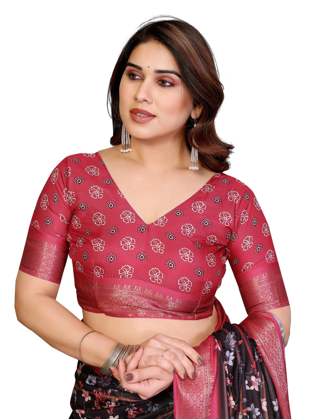 Peachmode Black Cotton Silk Floral Print Saree with Zari Border - Image 16