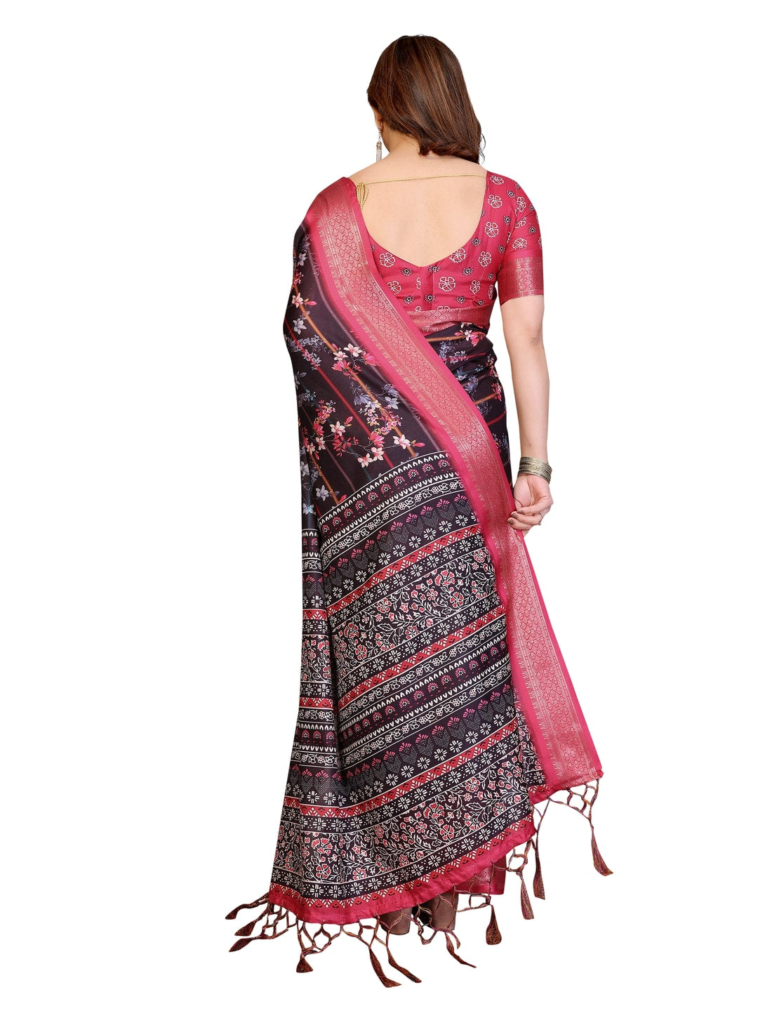 Peachmode Black Cotton Silk Floral Print Saree with Zari Border - Image 25