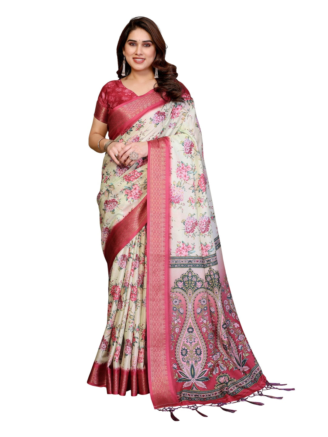 Peachmode Yellow Cotton Silk Floral Print Saree with Zari Border - Image 20