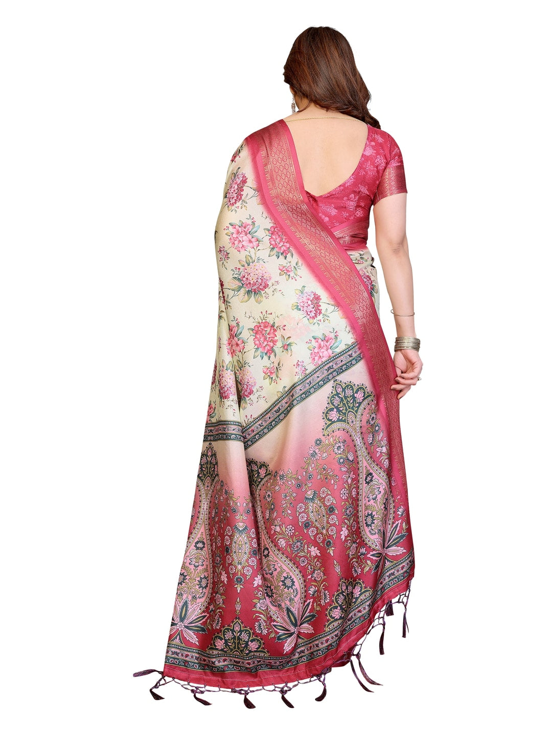 Peachmode Yellow Cotton Silk Floral Print Saree with Zari Border - Image 25