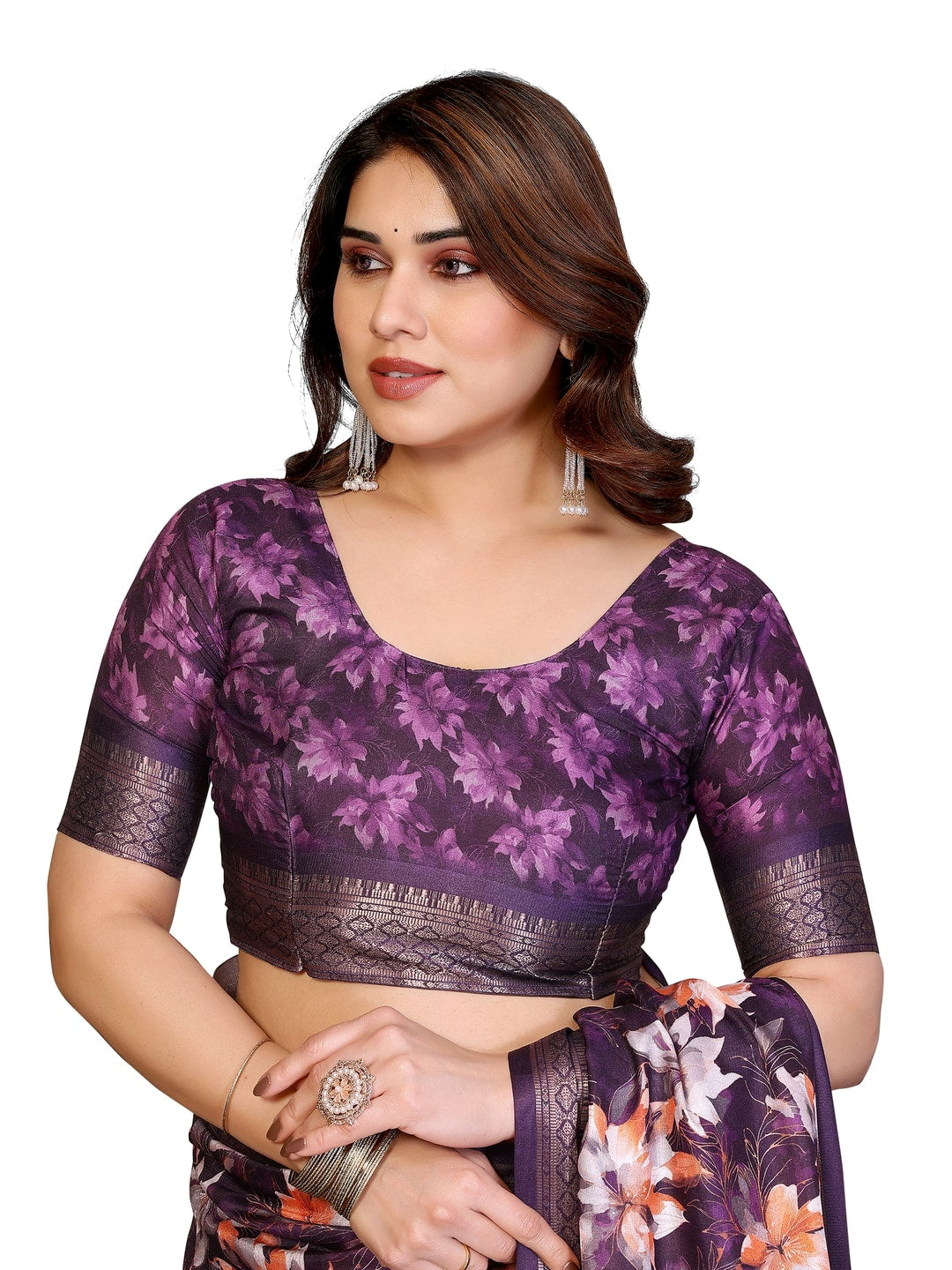 Peachmode Purple Cotton Silk Floral Print Saree with Zari Border - Image 16